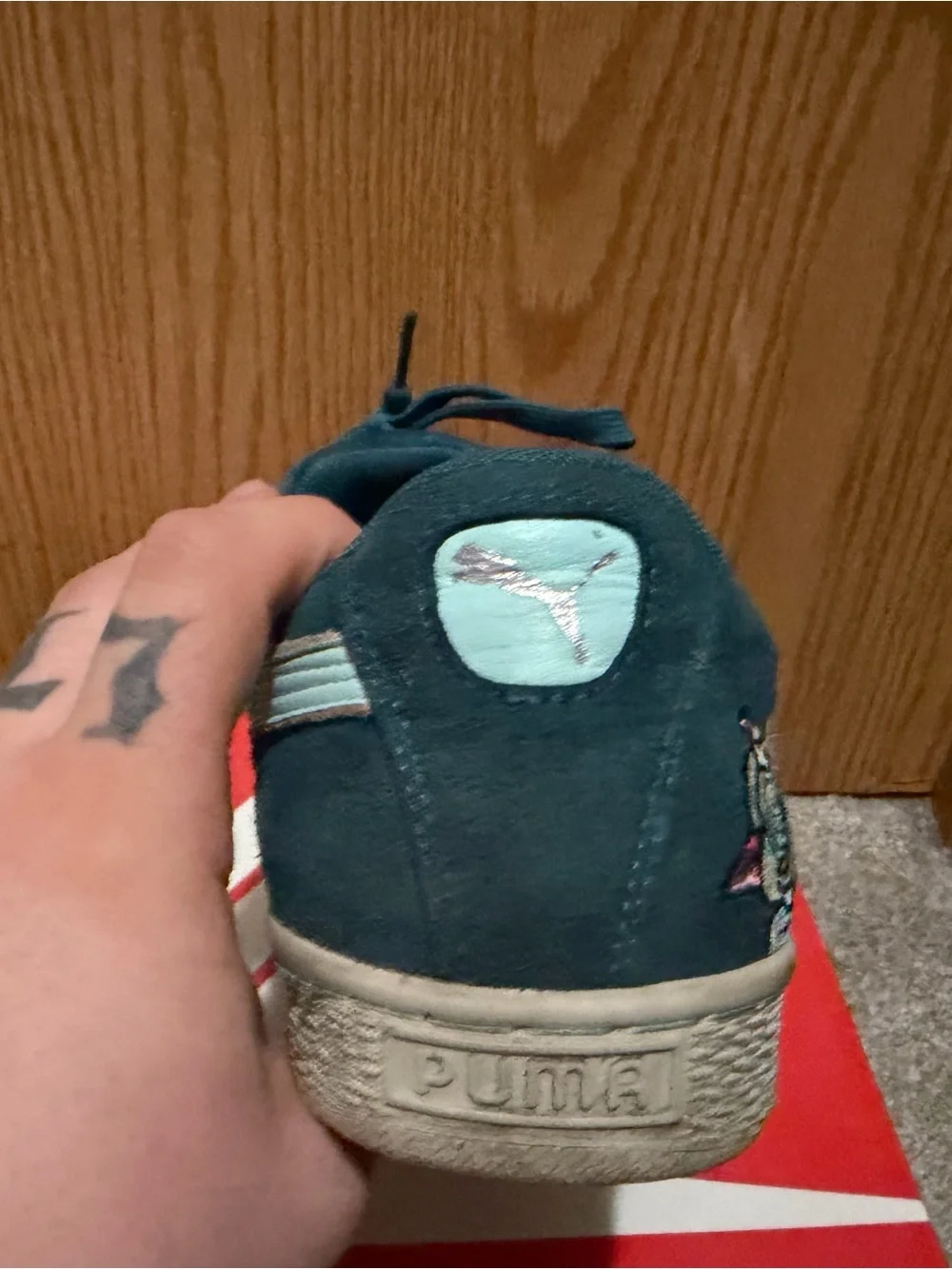 PUMA Teal Suede Sneaker with Skull & Rose Embroidery